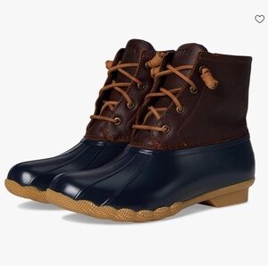 Sperry Saltwater Duck Boot 8 Navy Blue Waterproof Brown Leather Side Zip Lace Up